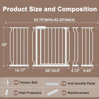 WAOWAO Baby Gate 134-158cm(53-62인치) 엑스트라 와이드 압력 장착 워크 스루 스윙 자동 닫힘 안전 화이트 메탈 유아 어린이 개 애완동물 강아지 계단, 출입구, 주방용 - color: 화이트., size: 52.8-61.8"/134.11-156.97cm