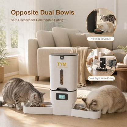 TYM Automatic Cat Feeder 2 Cats, 7L Cat Dry Food Dispenser with Double Bowls, Dual Auto Dog Feeder with Programmable Timer, Dual Power Supply, Easy to Clean for Multiple Cats and Small Dogs - color: White-2a