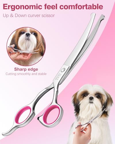 Furry Professional Pet Grooming Scissors with Safety Round Heads - 6 in 1 Curved Scissors for Dogs and Cats - color: Pink