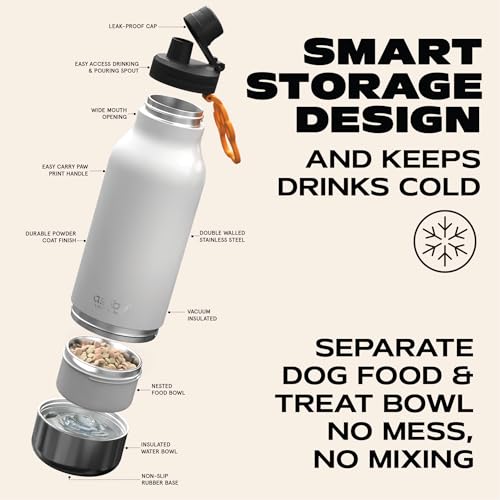 asobu Buddy Bottle a 스테인리스 스틸 단열 물병, 탈착식 개 물병 및 개 사료 및 간식 보관 그릇 포함 (화이트, 963.9g(34온스) 물병 | 그릇 2개) - color: 화이트.