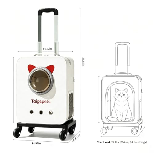Rolling Cat Carrier Backpack with Wheels, Large Breathable Pet Travel Bag, Lightweight Space Capsule Pet Luggage Carrier for Cats Small Dogs Up to 22lbs