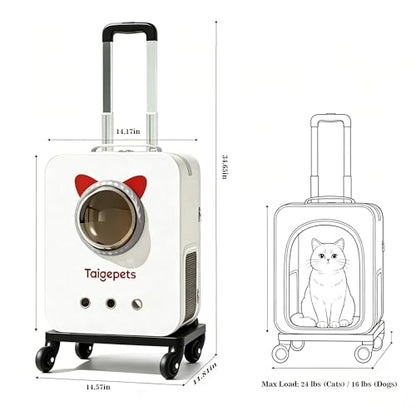 Rolling Cat Carrier Backpack with Wheels, Large Breathable Pet Travel Bag, Lightweight Space Capsule Pet Luggage Carrier for Cats Small Dogs Up to 22lbs