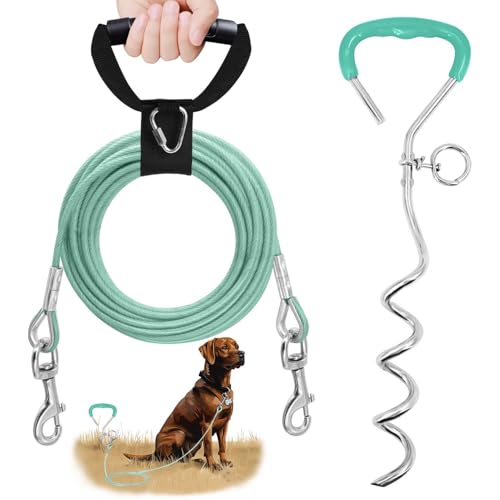 Reflective Dog Stakes for Outside Kit,Dog Tie Out Cable,10ft Heavy-Duty 200Lbs Stake with 360° Rotating Clip,Waterproof Bite-Proof Leash for Camping/Yard (Green) - size: 10FT