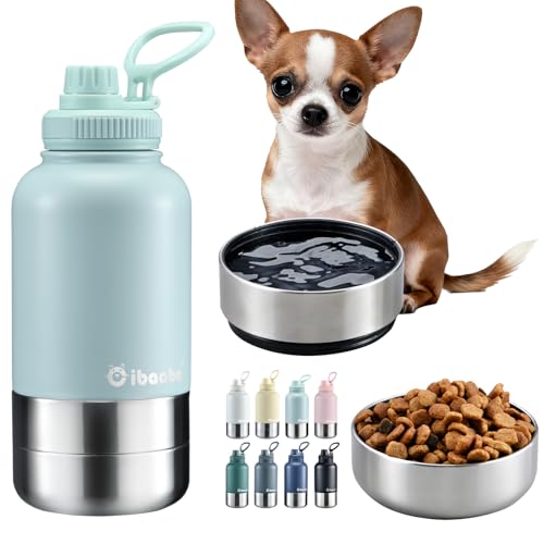 Cibaabo Insulated Dog Water Bottle with 2 Bowls, 32oz Travel Stainless Steel Double Wall Thermos, Portable Pet Dispenser, Gifts for Puppy Small Medium Dogs Walking Hiking and Camping - color: Mint Green