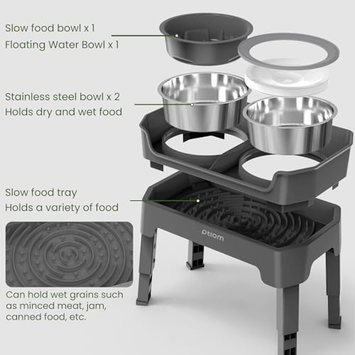 4-in-1 Elevated Slow Feeder Dog Bowls, 4 Height Adjustable Mess Proof Raised Dog Bowl Stand with No Spill Dog Water Bowl, Stainless Steel Dog Food Bowl & Slow Feeder for Large Medium Small Dogs Pets - color: Grey, size: Water Bowl + Stainless Steel Bowl +