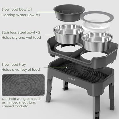 4-in-1 Elevated Slow Feeder Dog Bowls, 4 Height Adjustable Mess Proof Raised Dog Bowl Stand with No Spill Dog Water Bowl, Stainless Steel Dog Food Bowl & Slow Feeder for Large Medium Small Dogs Pets - color: Grey, size: Water Bowl + Stainless Steel Bowl +