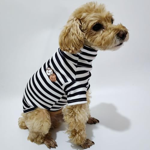 Turtleneck Dog Shirt Cute Doggie Embroidery Super Soft Dog Sweatshirt Stretchy Striped Puppy Pullover for Cats Small Medium Large Dogs (Black Striped, Small) - color: Black Striped, size: Small