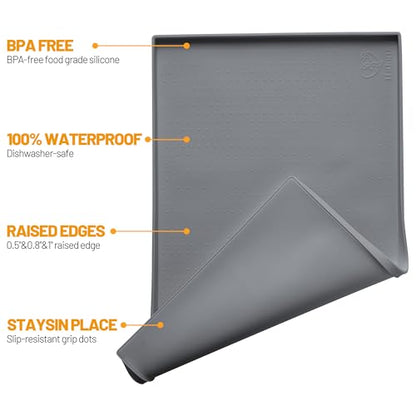 Hubulk Dog Feeding Mat,100% Waterproof Food Grade Silicone Pet Food and Water Bowl Placemat,Dishwasher, High Raised Edge to Prevent Spills,Nonslip Tray to Stop Messes on Floor（28"x18"x0.8", Grey） - color: Grey, size: 28"l X 18"w