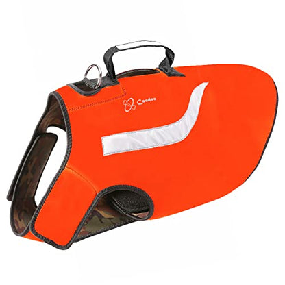 Coodeo Dog Hunting Vest Orange, Camo and Reversible Reflective Dog Tactical Harness Hound Jacket for Protection and Security, 4.5mm Neoprene Waterproof Safety Dog Vest Both Sides to Wear (X-Large) - size: X-Large