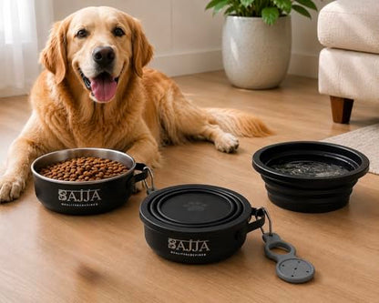 Black Collapsible Travel Dog & Cat Bowl – BPA-Free Silicone & 18/8 Stainless Steel, Portable Non-Slip Food & Water Bowl with Handle, Bottle/Poop Bag Holder – Claim Your - color: Black Bowl