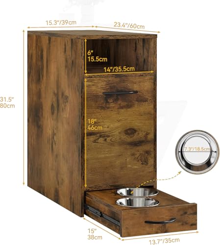 DWVO Dog Feeding Station with Storage, Dog Food Cabinet with 2 Feeder Bowls, Pull Out Elevated Dogs Bowl, Rustic Brown - color: Brown, size: 1 PCS
