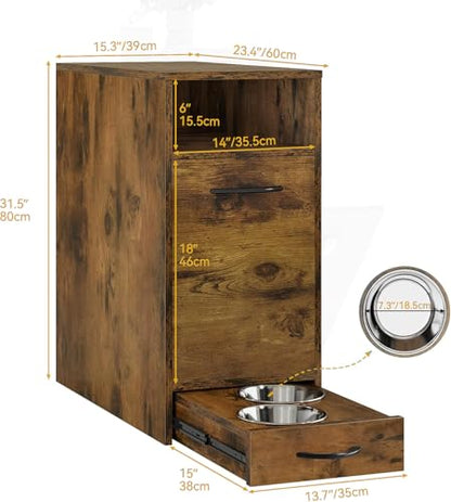 DWVO Dog Feeding Station with Storage, Dog Food Cabinet with 2 Feeder Bowls, Pull Out Elevated Dogs Bowl, Rustic Brown - color: Brown, size: 1 PCS