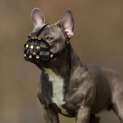 OOPSDOGGY French Bulldog Dog Muzzle for Short Snout Dog - Leather Breathable Secure Basket Muzzle for Frenchie Prevents Biting No Chewing Adjustable (Black) - color: Black