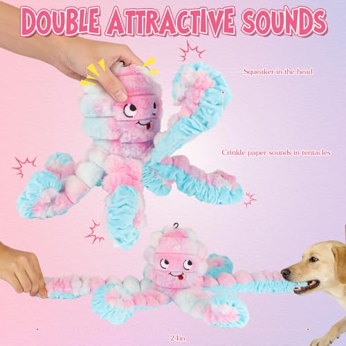 Tough Octopus Dog Toy, Interactive Squeaky & Crinkle Tug of War Toy for Aggressive Chewers, Large Durable Plush Chew Toys to Keep Dogs Busy- Crinkle Octopus, Large (Pink) - color: Pink