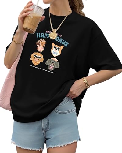 Aiyino Womens Funny Dog Graphic Tee Oversized Dog Lover Shirt | 100 Percent Cotton Soft Breathable Lightweight Everyday Comfort - color: 4dogs Black, size: X-Large