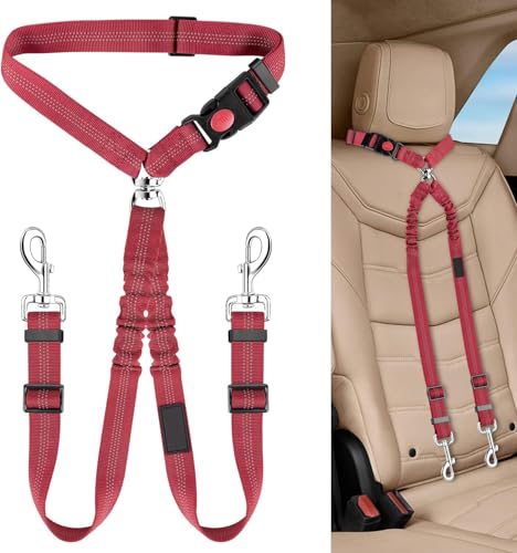 Dog Seat Belt for Car, Dual Pet Vehicle Headrest Restraint Safety Seatbelt,Two Dog Leash No Tangle Dog Car Leash Seat Belt,Duty Adjust Elastic Connect Harness in Vehicle Travel (Red) - color: Red