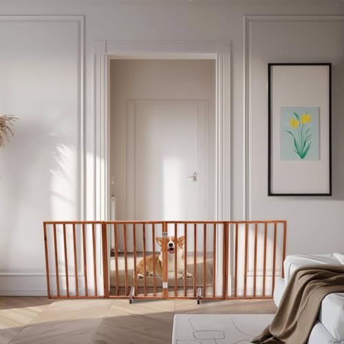 24" Tall Freestanding Pet Gate 4-Panel Wooden Dog Fence with 2 Support Feet, Wooden Folding Dog Barrier for Indoor, Stairs, Doorways, Halls, Kitchen No Assembly Required (Brown) - size: 24in Brown