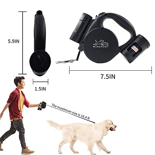 360° Tangle-Free Retractable Dog Leash with Flashlight, Dispenser and Poop Bag Heavy-Duty Nylon Tape for Small, Medium Dogs and Cats One-Handed Brake and Lock, Black - color: black