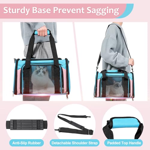 Discala Cat Dog Carrier Up to 15 Lbs TSA Airline Approved Pet Carrier for Small Medium Cats Puppies Dog Carriers for Small Dogs Collapsible Soft Sided Cat Travel Carrier - Blue&Pink 17"x11"x11" - color: Blue&Pink