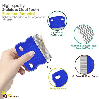 4 Pack Flea Lice Comb, Stainless Steel Dog Cat Grooming Combs with Rounded Teeth, Double Sided Professional Pet Tear Stain Remover, Dematting Tool for Small, Medium & Large Pets
