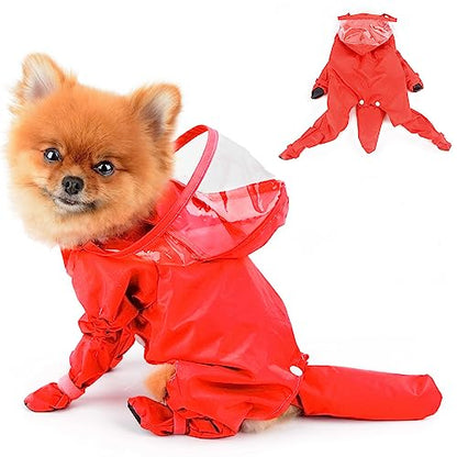 PAIDEFUL Small Dog Full Body Coverage Raincoat Solid Four-Leg Onesie Rain Jacket Waterproof Hoodie Puppy Clothes Button Lightweight Cats Costume, Red, S - color: red, size: S: Chest: 13.8", Back: 10.6"