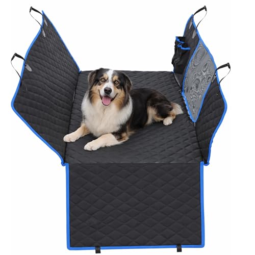 Dog Car Seat Cover for Back Seat, Waterproof, Scratchproof, Nonslip, Dog Hammock for Car, Safety Harness Included, Seat Covers for Pet Dogs, Truck & SUV Size (Black/Blue) - color: Black with Blue Trim, size: SUV / Truck Size (Large)