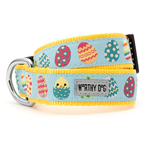 THE WORTHY DOG Spring Holiday Easter Eggs Dog Collar – Durable Nylon, Woven Ribbon, Quick-Release Buckle, Nickel D-Ring – Blue, Large - color: Easter Eggs - Blue, size: Large