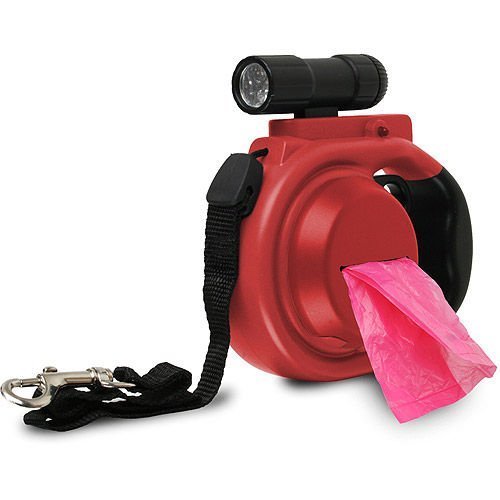 Pet's Pad Retractable Dog Leash with Removable LED Flashlight & Waste Bag Dispenser: Red