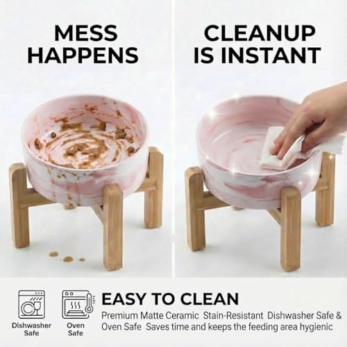 hjn Elevated Ceramic Dog Bowl 15°Slanted Raised Dog Bowl with Bamboo Stand for Small Medium Dogs and Cats, Pet Feeder -3.6-Cup (850ml)-Marble Pink - color: Marble Pink, size: 3.6Cup