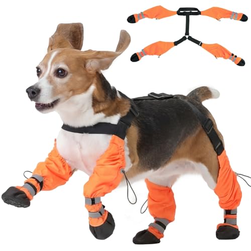 Pezluxe Dog Suspender Boots, Waterproof Anti-Slip Dog Rain Boots with Adjustable Strap for Small Medium Large Dogs, Reflective Paw Protector Pet Shoes for Outdoor Walking, Rain Snow Hiking, Orange, M - size: M