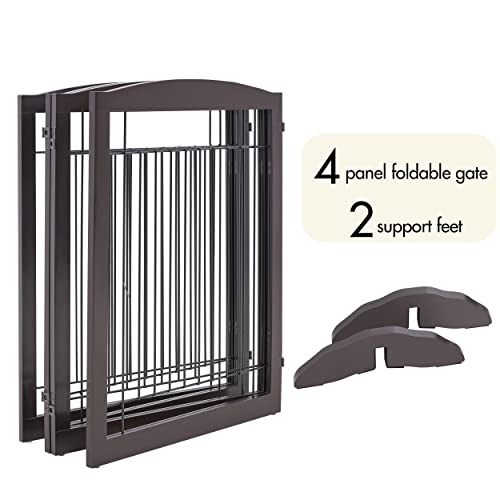 Yaheetech 32" Tall Freestanding Dog Gate, Extra Wide Pet Fence, Foldable Wire & Wooden Puppy Safety Barrier with Support Feet for House Doorway Stairs(Espresso,4 Panels)