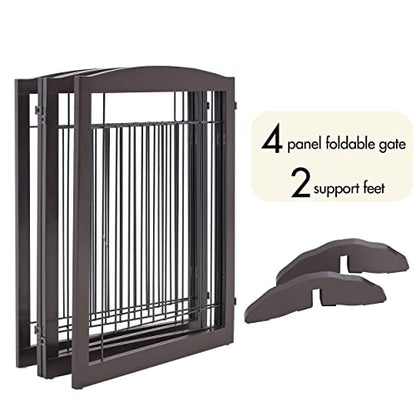 Yaheetech 32" Tall Freestanding Dog Gate, Extra Wide Pet Fence, Foldable Wire & Wooden Puppy Safety Barrier with Support Feet for House Doorway Stairs(Espresso,4 Panels)