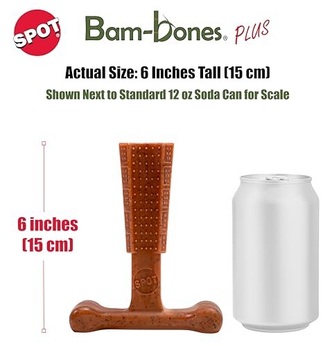 SPOT Bam-Bones Plus Coffee Wood T-Bone Dog Chew Toy, Beef Flavor, Nylon and Coffee Wood Fiber Blend, Durable Chew for Heavy Chewers and Dogs Under 60 lbs, Non-Splintering Dental Chew, 6 Inch - size: 6 Inch (Pack of 1)