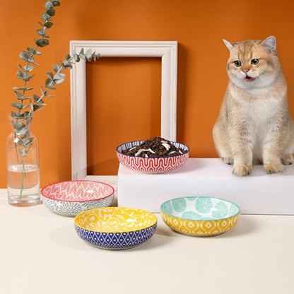 Selamica 세라믹 고양이 그릇, 14cm(5.6인치) 너비의 얕은 고양이 사료 그릇, 음식과 물용, 수염 친화적, 6개 세트, 다양한 색상 - color: 다양한 색상, size: 5.6 Inch, Set of 6