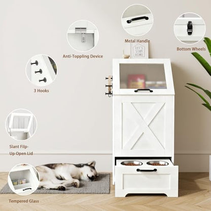 Dog Feeding Station with 2 Elevated Bowls, Dog Food Storage Cabinet with Pet Toy Organizer and Flip Top Pet Feeding Station,Hidden Pet Feeder Station for Cats and Dogs(Dog Feeding Station-White) - color: Dog Feeding Station-White