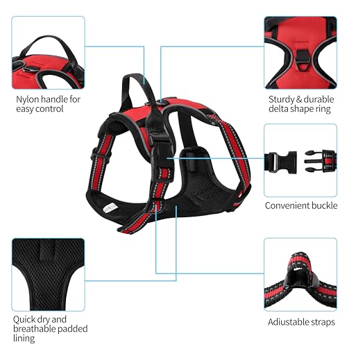 Red No-Pull Dog Harness with 2 Leash Clips，Soft Padded Vest for Medium Dog, Adjustable Reflective Dog Vest Easy to Put on and Take Off, (Neck: 14"~20", Chest: 21"~27", Red M) - color: Red, size: Medium
