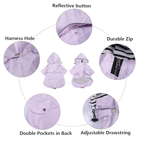 Morezi Dog Zip Up Raincoat with Reflective Buttons, Rain/Water Resistant, Adjustable Drawstring, Removable Hood, Raincoats with Legs 8lbs to 80lbs Available - Purple - XS - color: Purple, size: X-Small