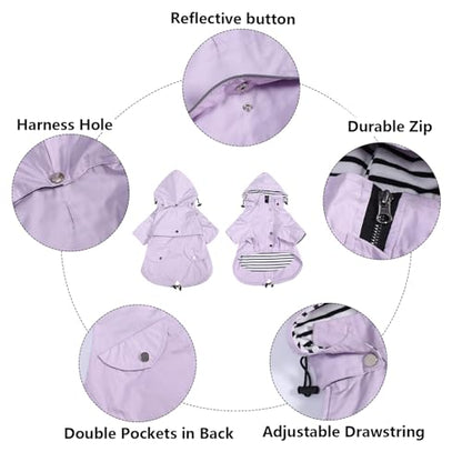 Morezi Dog Zip Up Raincoat with Reflective Buttons, Rain/Water Resistant, Adjustable Drawstring, Removable Hood, Raincoats with Legs 8lbs to 80lbs Available - Purple - XS - color: Purple, size: X-Small