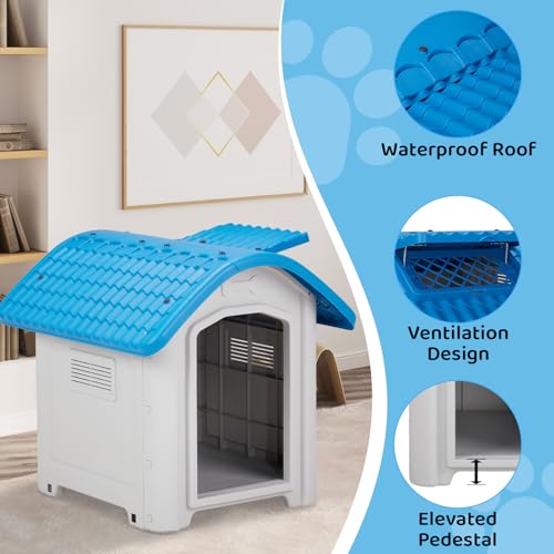 28 inch Raised Plastic Dog House, Outdoor Indoor Doghouse with Adjustable Sunroof and Elevated Base, Water Resistant Pet House Animal Puppy Shelter Kennel for Small Medium Dogs, Blue & White