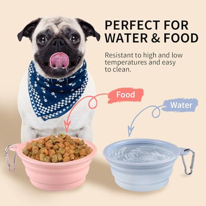 Collapsible Dog Bowls 2-Pack, Portable Travel Dog Bowl with Carabiner, Food-Grade Silicone Pet Bowl for Hiking, Walking(Macaron Pink and Blue) - color: 12 OZ Macaron Pink and Blue