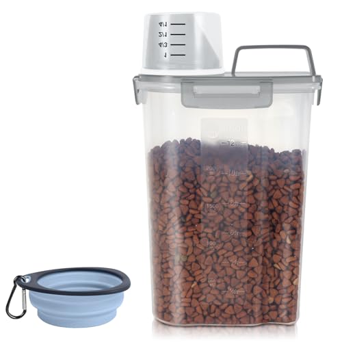 LEAWALK 3-5Lbs/3Qt Dog Cat Food Storage Container With Foldable Bowl. Plastic Pet Food Dispenser for Small Animal Kibble/Pet Food/Bird Seed/Oatmeal/Rice/Flour/Brown Sugart/Cereals (Clear Grey) - color: Clear Grey, size: 3L-1pack