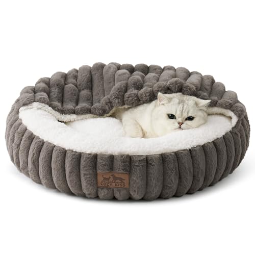 COZY KISS Hooded Blanket Cat Bed – 20"x20" Round Fluffy Donut Cuddler for Cats & Toy Dogs, Anti-Anxiety Faux Fur Pet Bed, Machine Washable with Non-Slip Bottom, Grey - color: Grey, size: 20"×20"×6"