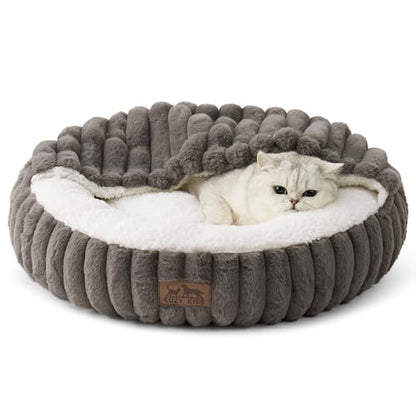 COZY KISS Hooded Blanket Cat Bed – 20"x20" Round Fluffy Donut Cuddler for Cats & Toy Dogs, Anti-Anxiety Faux Fur Pet Bed, Machine Washable with Non-Slip Bottom, Grey - color: Grey, size: 20"×20"×6"
