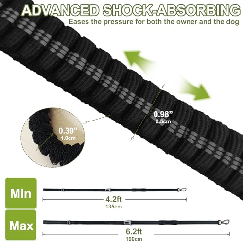 Dog Leash Heavy Duty, 4-6FT Bungee Leash Strong Shock Tactical Tug Leashes, Dog Seat Belt for Car with 2 Padded Handles, Reflective Rope Lead for L X-Large Dogs Walking Running Training (Black)