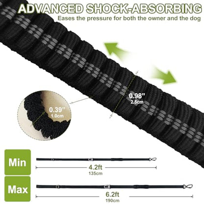 Dog Leash Heavy Duty, 4-6FT Bungee Leash Strong Shock Tactical Tug Leashes, Dog Seat Belt for Car with 2 Padded Handles, Reflective Rope Lead for L X-Large Dogs Walking Running Training (Black)