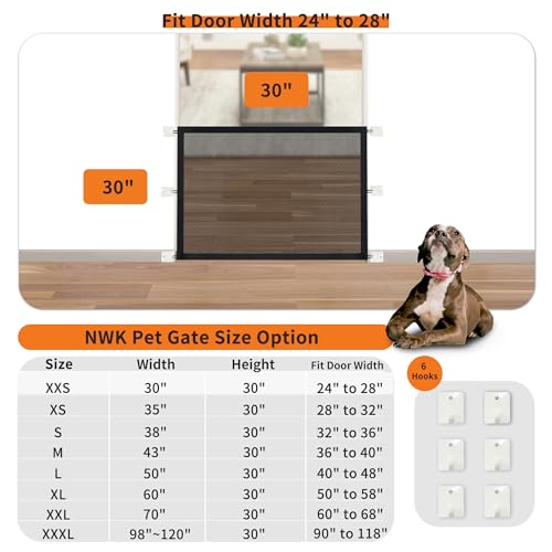 NWK Dog Gate for Stairs and Doorways 30''X30'' Fits 24 to 28 Inch Opening | Baby Gate,No Drill, Walk Through, One Hand Operation, Damege-Free Tape, Easy Intallation, 6 Hooks Design, Mesh Material, - size: 30'' X 30''