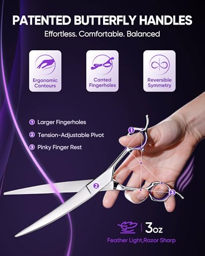 ULG 30° Curved Dog Grooming Scissors 440C Stainless Steel, 7.5" Professional Pet Grooming Shears with Reversible Butterfly Handles, Dog Scissors for Grooming Face, Eyes, Paws & Body - size: 7.5" Curved (440C)