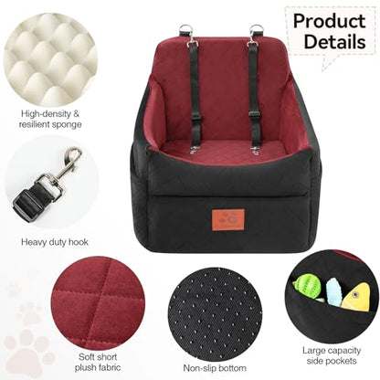 GL GLENSLAVE Dog Car Seat for Small/Medium Dogs, Dog Booster Car Seats with Thick Cushion for Dogs Under 35lbs, Detachable Washable Pet Carseat with Storage Pockets, 2 Safety Belts(Black/Red) - color: Black/Red