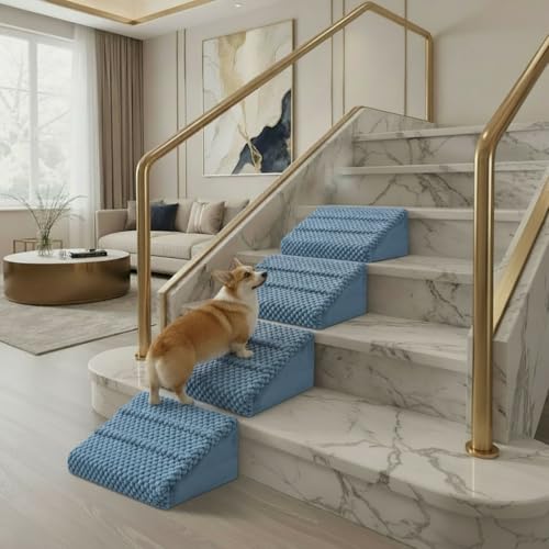 Dog Ramp for Stairs - Anti-Slip Foam Stair Wedges for Small & Senior Dogs, Cats, Gentle Slope Pet Steps with Washable Corduroy Cover, Self-Sticky Pads for Safe Climbing (Blue-4 Pack) - color: Blue-4 PACK