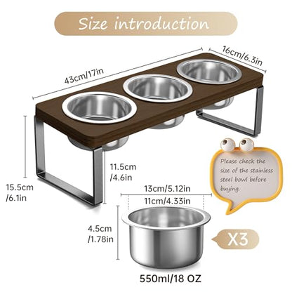 Elevated Cat Bowls with 3 Stainless Steel Bowls | 10° Tilted Anti-Vomiting Raised Cat Food Bowl for Small Cats and Puppies Pet Bowl with Stand（Walnut Color） - color: Walnut color